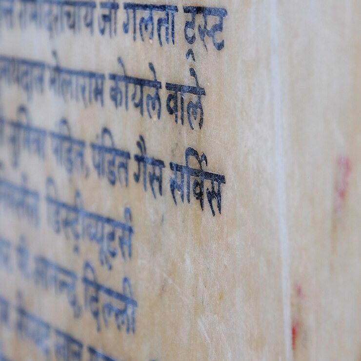 Foto close-up della scrittura hindi sul marmo