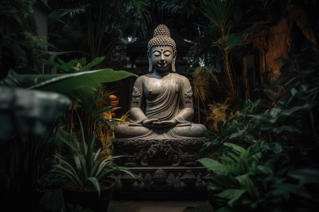Close-up della statua di Buddha e delle piante create utilizzando la tecnologia generativa AI