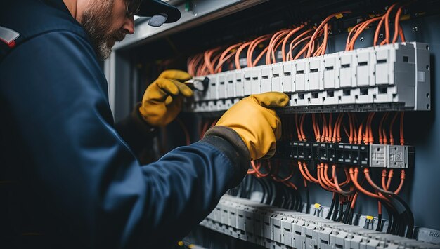 Close-up delle mani dell'elettricista con i guanti che lavorano nella scatola dei fusibili