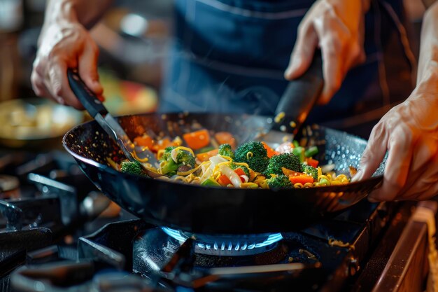 Close up delle mani dell'uomo abilmente stirare una miscela colorata di tagliatelle broccoli e carote in un wok nero su una stufa a gas con utensili da cucina nelle vicinanze