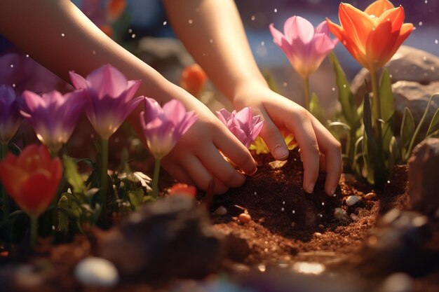 Close-up delle mani di un bambino che pianta fiori di Pasqua 00058 01