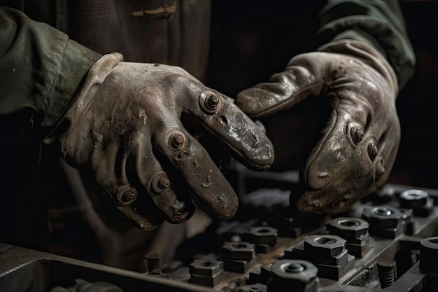 Close-up delle mani di un saldatore che lavora in una fabbrica Una vista ravvicinata delle mani dei lavoratori in fabbrica in azione AI Generato