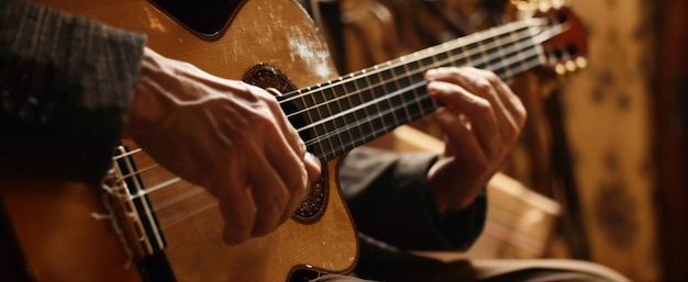 Close-up delle mani di un uomo che suona con abilità una chitarra classica evidenziata