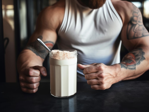 Close-up delle mani di un uomo con un frullato proteico su un tavolo di bodybuilding