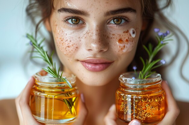 Close up delle mani di una giovane donna anziana che tiene due bottiglie di diversi prodotti cosmetici per la cura della pelle e confronta la scelta di cosa applicare isolato sullo sfondo grigio vista anteriore scatto orizzontale