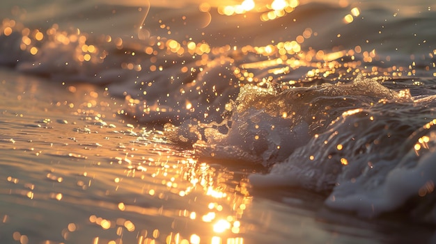 Close-up delle onde del mare mattutine sotto il sole scintillante bokeh il tramonto splende sulla spiaggia estiva