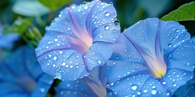 Close-up di alcuni fiori di gloria mattutina spruzzati con poche gocce d'acqua