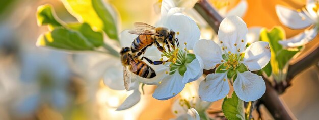 Close-up di api su fiori di mele bianche sfondo naturale macro primavera