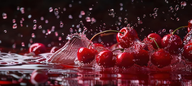 Close-up di bacche di ciliegio fresche con gocce d'acqua spruzzo cascata di Ciliegio spruzzo esplosione liquida