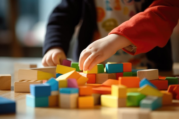 Close Up di bambini che giocano con blocchi di costruzione colorati in arte fotorealismo