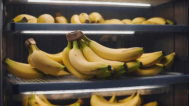 Close-up di banane sullo scaffale in un contenitore frigorifero aperto
