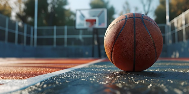 Close-up di basket sul campo durante il tramonto sfondo sportivo urbano con attenzione alla palla vibrante scena di gioco all'aperto AI