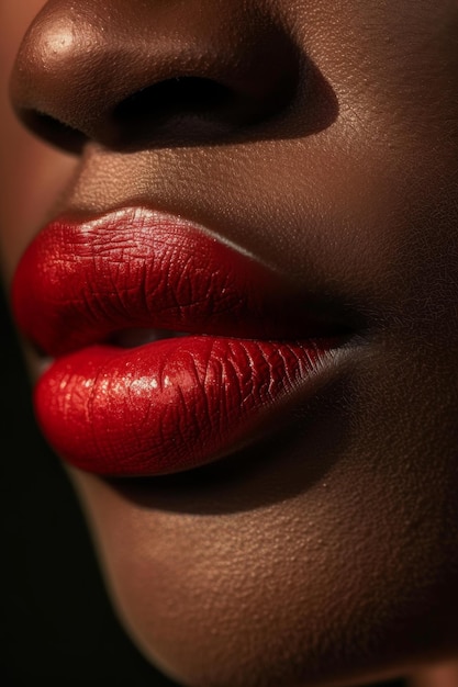 Close-up di belle labbra femminili con rossetto rosso di una donna afroamericana trucco alla moda