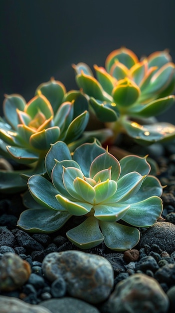 Close-up di belle piante succulente su uno sfondo nero generato da ai