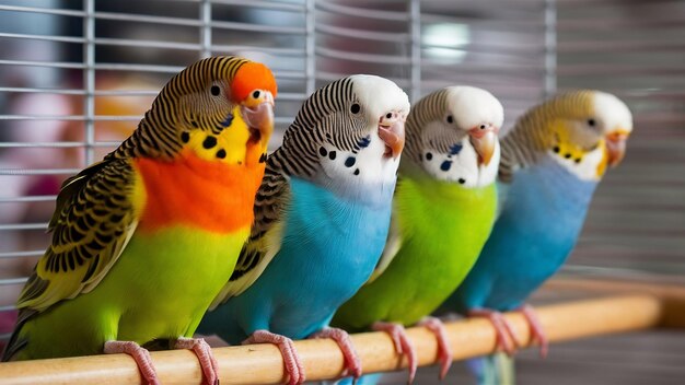 Close-up di bellissimi pappagalli colorati in gabbia