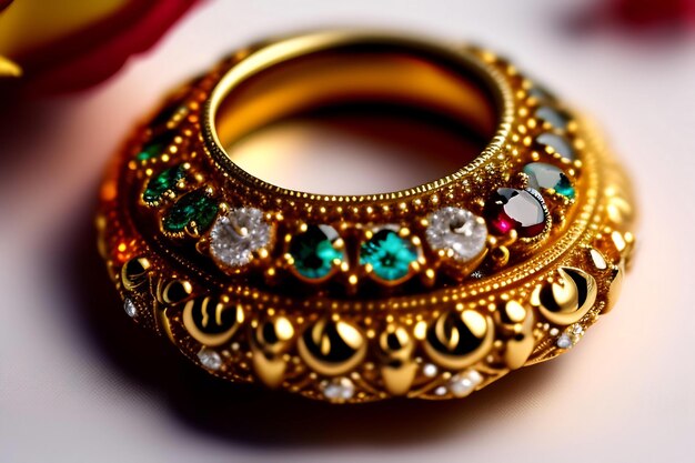 Close-up di brocca di gioielli decorativi antico anello di diamanti e oro di lusso