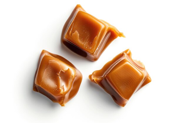Close-up di caramelle di toffee fuse su sfondo bianco