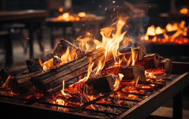 Close-up di carbone in fiamme da un fuoco barbecue fuoco griglia campfire barbecue banner sullo sfondo