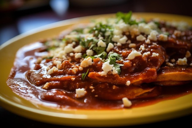 Close-up di chilaquiles coperti di rosso