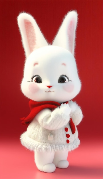 Close up di coniglio bianco in abito e sciarpa rossa ai generativa