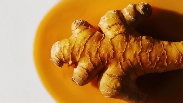 Close-up di curcuma curcuma longa linn tagli di radice del rizoma isolato su sfondo bianco