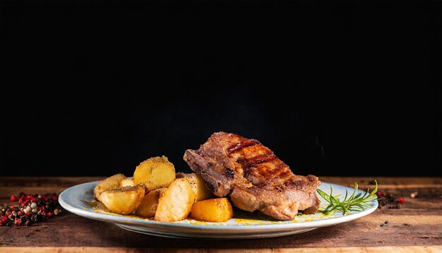 Close-up di deliziosa carne alla griglia e patate su un piatto su un tavolo di legno.