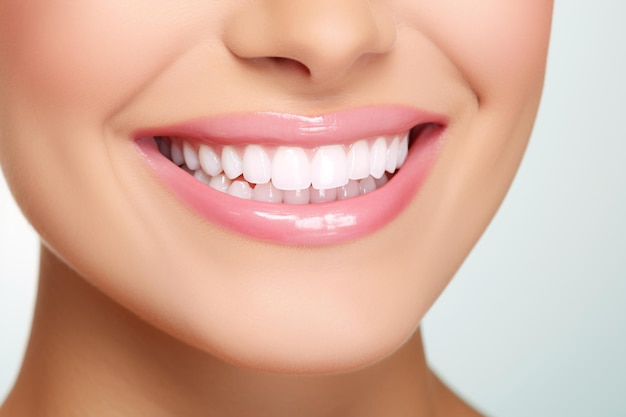 Close-up di denti bianchi sani e gomma da masticare rosa di una donna Cura dentale e concetto di sbiancamento dei denti Orale