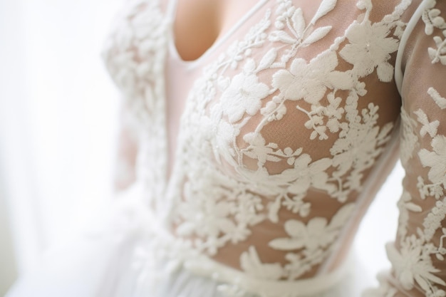 Close-up di dettagli di pizzo cuciti a mano su un abito da sposa