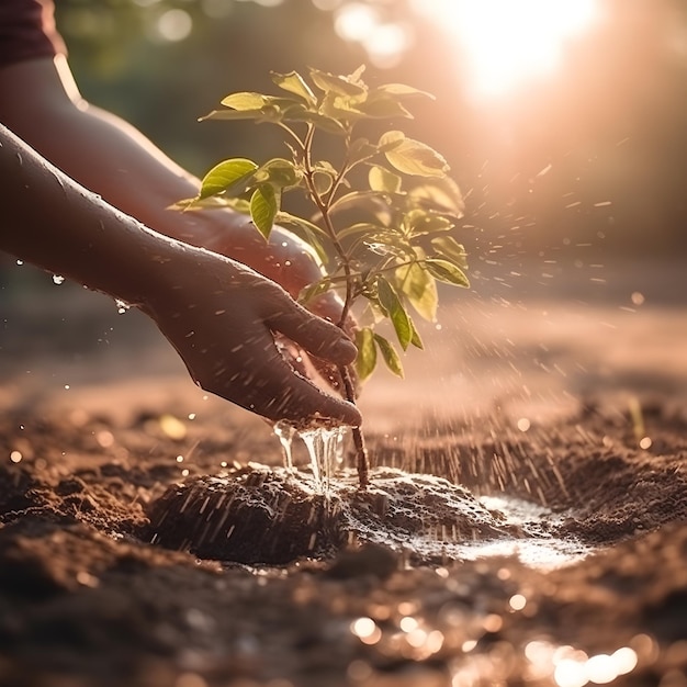 Close up di due mani che tengono l'acqua e annaffiano l'albero per crescere all'alba generativa ai