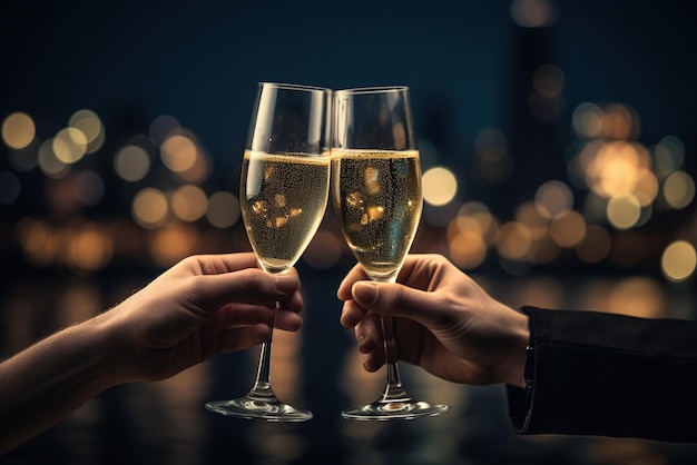 Close up di due persone uomo e donna amanti che tengono bicchieri di champagne a Natale e Capodanno
