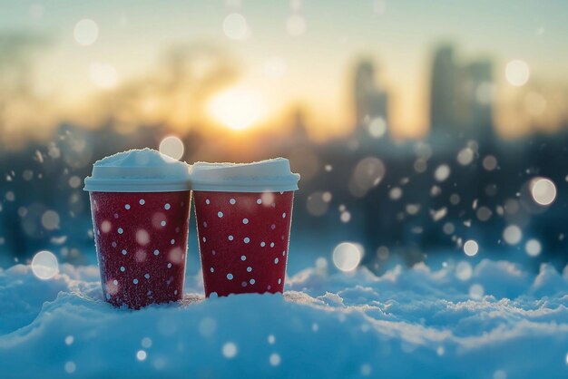 Close-up di due tazze di caffè nella neve vicino alla città sfocato vacanze momenti felici a casa