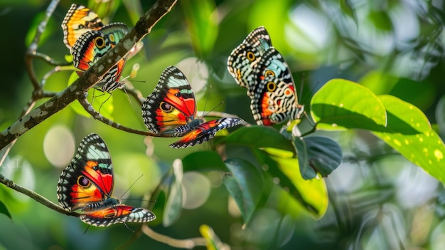 Close-up di farfalle colorate appoggiate sui rami degli alberi che aggiungono bellezza al paesaggio naturale