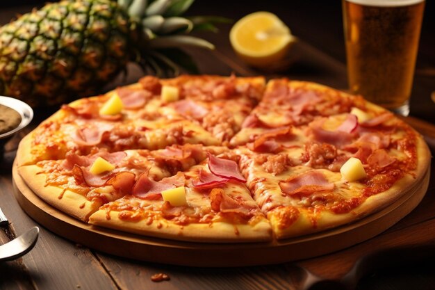 Close-up di fette di ananas disposte su una pizza hawaiana