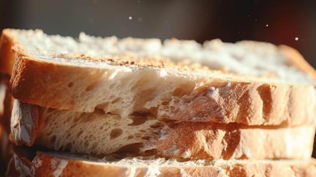 Close up di fette di pane bianco soffice bordi tostati sfondo alimentare AI Contenuto generato