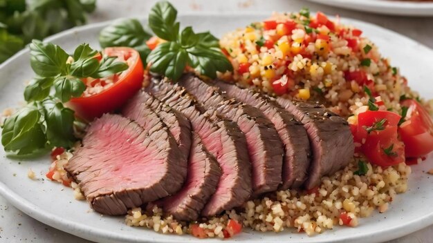 Close-up di filetto di manzo arrosto a fette sottili con quinoa e salsa al pepe di pomodoro su piatto bianco su whi