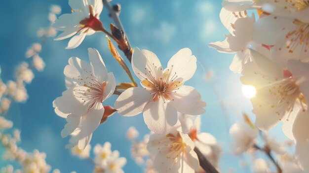 Close-up di fiori bianchi contro un cielo blu con la luce solare che trasmette un senso di primavera e rinnovamento