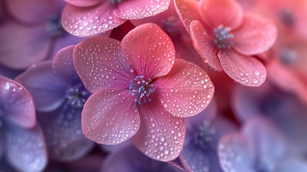 Close-up di fiori rosa e viola con gocce d'acqua