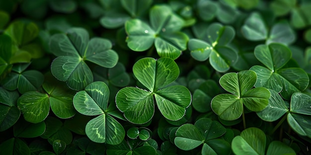 Close-up di foglie di trifoglio verde che simboleggiano la fortuna e il giorno di San Patrizio Concept St Patrick's Day Clover Leaves Close-up Photography Good Luck Charms Tradizioni irlandesi