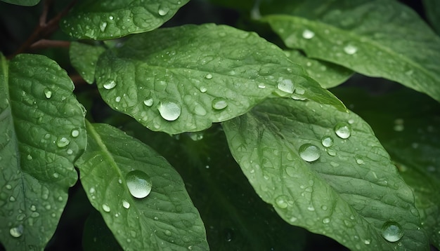 Close-up di foglie verdi con gocce d'acqua su di esse