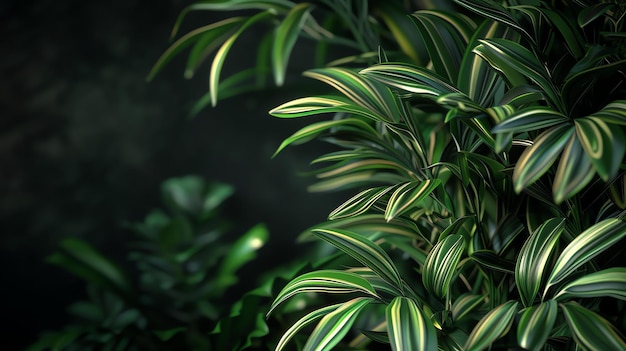 Close-up di foglie verdi lussureggianti con strisce bianche sullo sfondo scuro