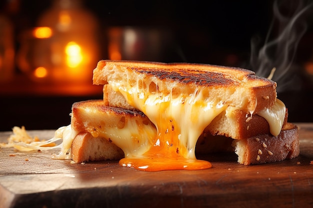 Close-up di formaggio che si scioglie su una pressa di panini calda per un panino al formaggio