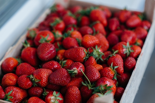 Close-up di fragole fresche mature in un contenitore in vendita. Dieta sana.