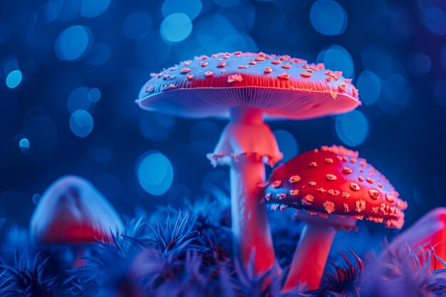 Close-up di funghi magici alla luce del neon rosa blu