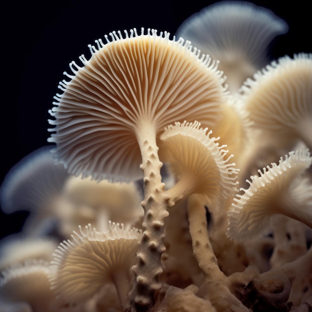 Close-up di funghi su sfondo nero Profondità di campo poco profonda