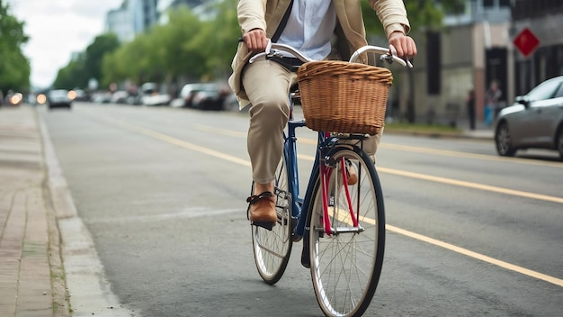 Close-up di gambe di uomo casuale che guida una bicicletta classica sulla strada della città