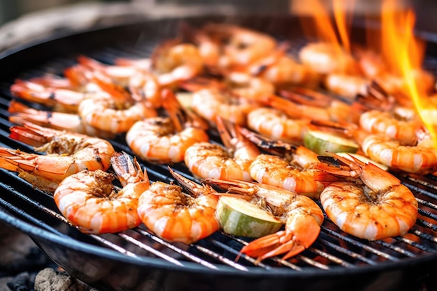 Close-up di gamberetti succosi su una griglia BBQ sulla spiaggia creata con AI generativa