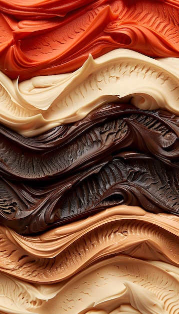 Close-up di gelati impilati in vari colori su uno sfondo di legno