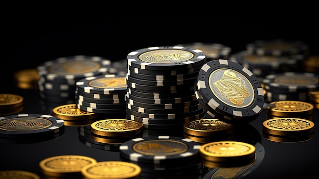 Close-up di gettoni d'oro del casinò Giochi d'azzardo e grandi scommesse