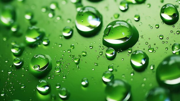 Close-up di gocce d'acqua che scivolano su una superficie bagnata Sfondio verde IA generativa