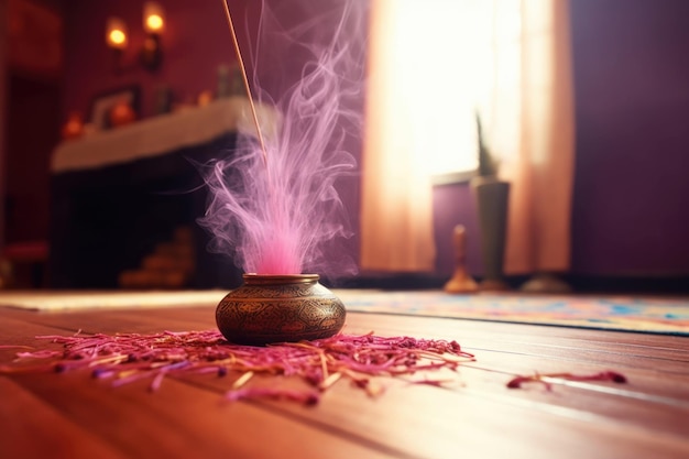 Close-up di incenso bruciato in un tranquillo studio di yoga creato con l'AI generativa